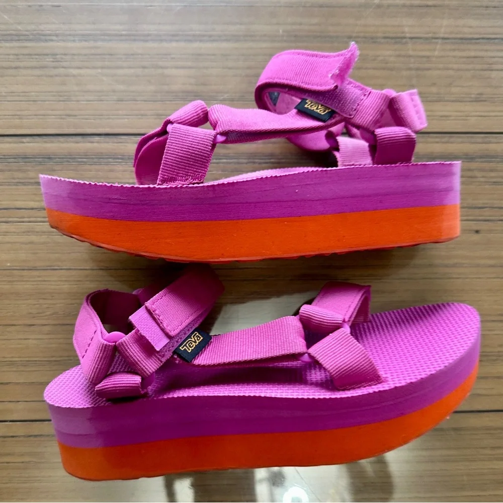 TEVA Fuchsia Hot Pink 🌺 Sunset Orange 🍊 platform sport slide sandals Barbiecore - Picture 5 of 7